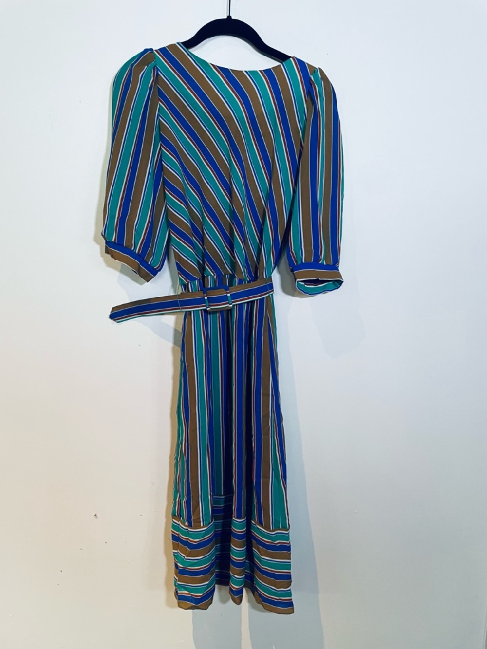Sears Striped Belted Midi Dress in Green, Blue & Brown